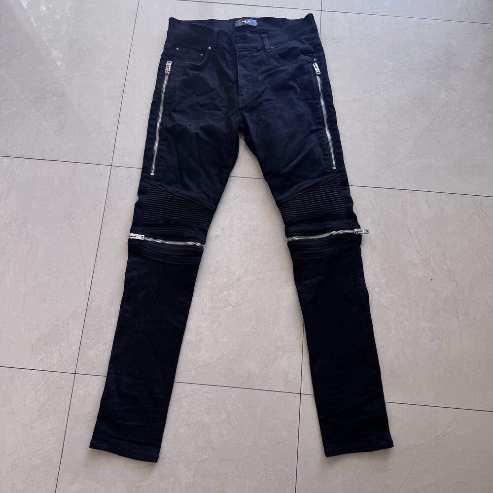 AMIRI MX2 Black Waxed Biker Jeans Men’s Skinny Moto Distressed Zipper Luxury W32